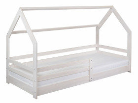 Łóżko domek 90x200 drewniane TEO, kolor bielony + stelaż