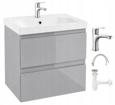 Szafka łazienkowa wisząca z umywalką i baterią Chrom Szary Połysk 60cm