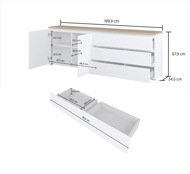 Komoda ORVO 199,9x67,9x34,5 cm Biała, 7945820