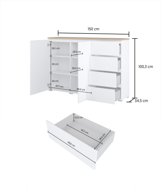 Komoda ORVO 150x100,3x34,5 cm Biała, 7945843