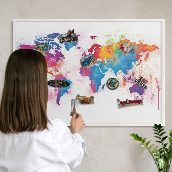 Ozdobna tablica na magnesy w białej ramie, Kolorowa mapa 100x70 Wallfluent, 7987866