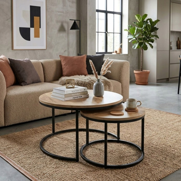 Zestaw Stolików Kawowych Okrągłych 2w1 80/60 Dąb Craft Złoty do Sypialni, 8053080