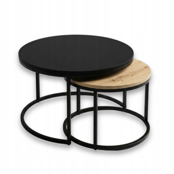 Zestaw Stolików Kawowych Okrągłych 2w1 80/60 Czarny Mat + Dąb Artisan, 8053098