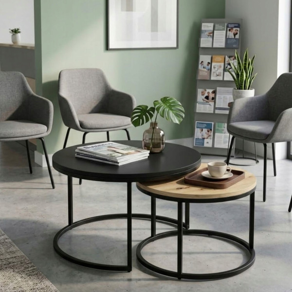 Zestaw Stolików Kawowych Okrągłych 2w1 80/60 Czarny Mat + Dąb Artisan, 8053104