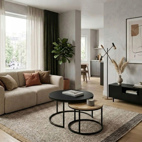 Zestaw Stolików Kawowych Okrągłych 2w1 80/60 Czarny Mat + Dąb Artisan, 8053105