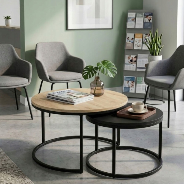 Zestaw Stolików Kawowych Okrągłych 2w1 80/60 Dąb Artisan + Czarny Mat, 8053124