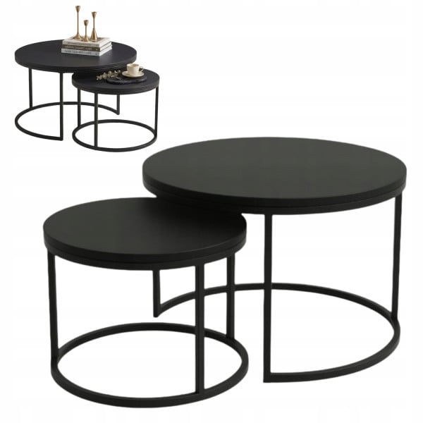 Zestaw Stolików Kawowych Okrągłych 2w1 80/60 Czarny Mat Loft Do Salonu, 8053136