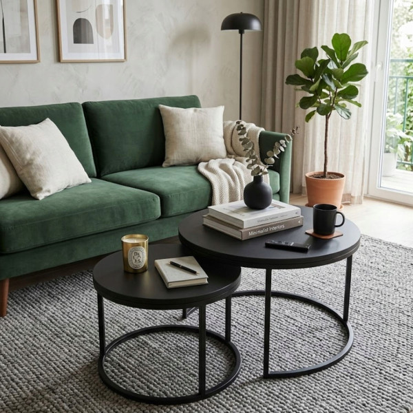 Zestaw Stolików Kawowych Okrągłych 2w1 80/60 Czarny Mat Loft Do Salonu, 8053138