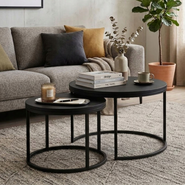 Zestaw Stolików Kawowych Okrągłych 2w1 80/60 Czarny Mat Loft Do Salonu, 8053139