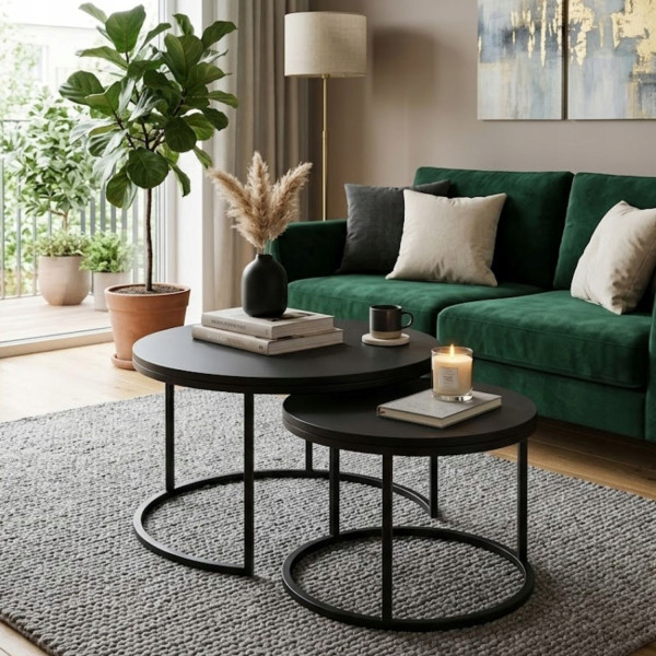 Zestaw Stolików Kawowych Okrągłych 2w1 80/60 Czarny Mat Loft Do Salonu, 8053140