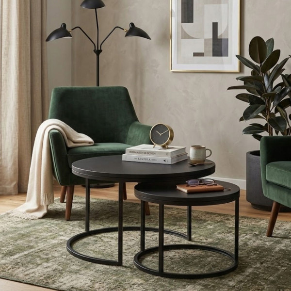 Zestaw Stolików Kawowych Okrągłych 2w1 80/60 Czarny Mat Loft Do Salonu, 8053141