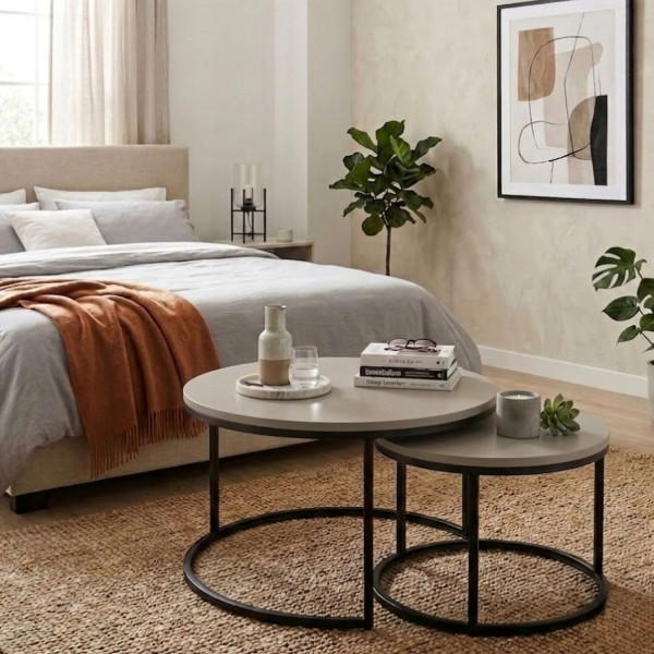 Zestaw Stolików Kawowych Okrągłych 2w1 80/60 Kaszmir Beżowy Eleganckie, 8053146