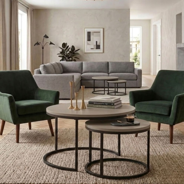 Zestaw Stolików Kawowych Okrągłych 2w1 80/60 Kaszmir Beżowy Eleganckie, 8053147