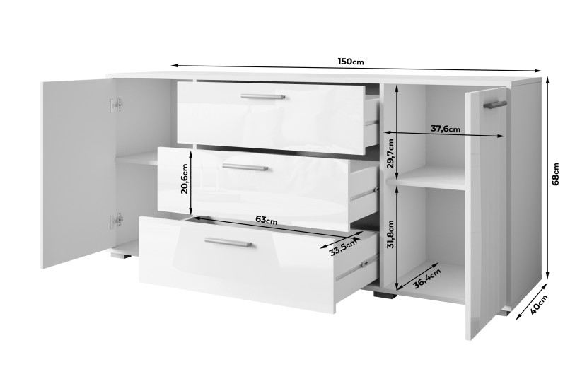 Komoda TOGA 150 cm biały z czarnymi krawędziami, 8064552