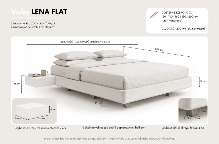 Łóżko lewitujące bukowe Visby LENA FLAT z szafkami / 120x200, palisander, 8146437