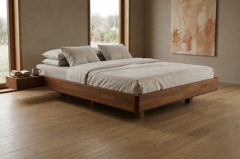 Łóżko lewitujące bukowe Visby LENA FLAT z szafkami / 200x200, orzech, 8146506
