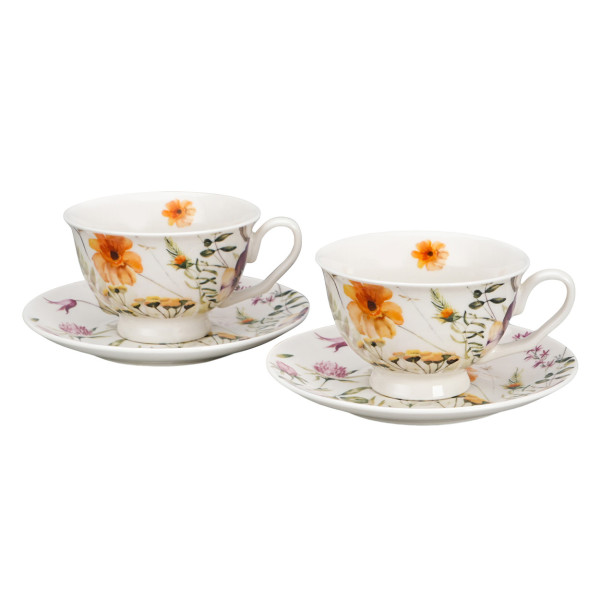 Komplet 2 filiżanek ze spodkami PANSY 250 ml porcelana kwiatowy, 8147333