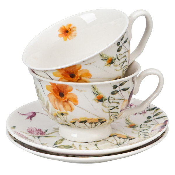 Komplet 2 filiżanek ze spodkami PANSY 250 ml porcelana kwiatowy, 8147334