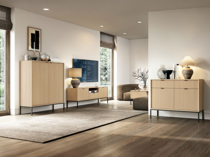 Komoda trzydrzwiowa Vellore trzy szuflady 154 cm dąb vicenza czarne nóżki, 8176054