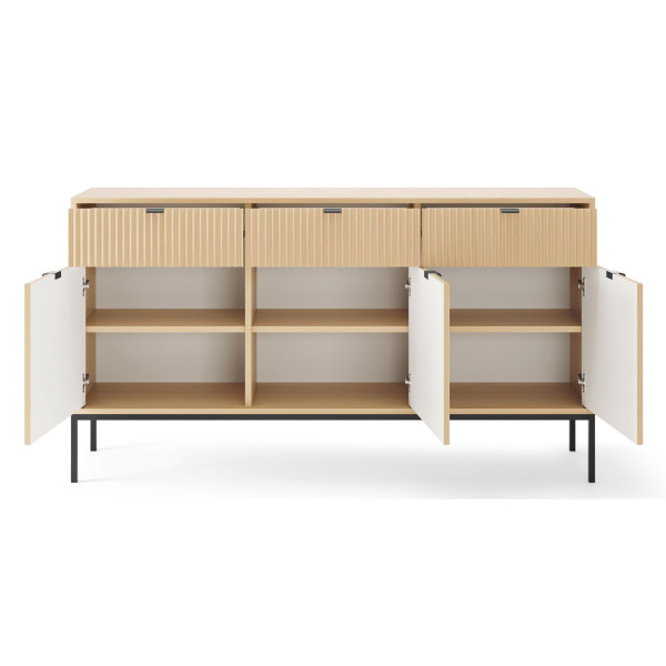 Komoda trzydrzwiowa Vellore trzy szuflady 154 cm dąb vicenza czarne nóżki, 8176055