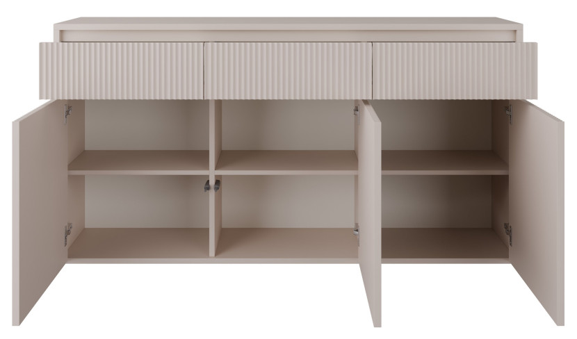Komoda trzydrzwiowa Vemmi trzy szuflady 155 cm ryflowany front kaszmir, 8176102
