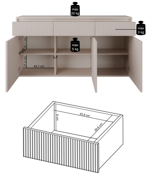 Komoda trzydrzwiowa Vemmi trzy szuflady 155 cm ryflowany front kaszmir, 8176103