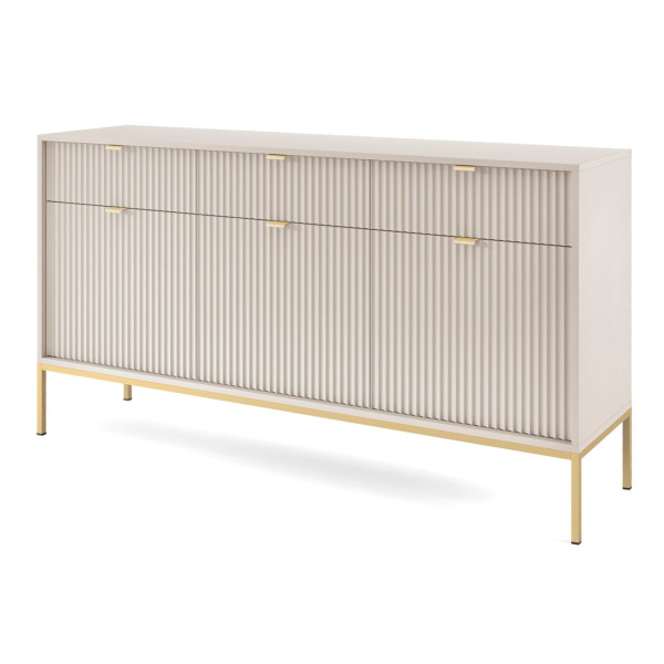 Komoda trzydrzwiowa Vellore 154 cm kaszmir ryflowany front złoty stelaż, 8176241