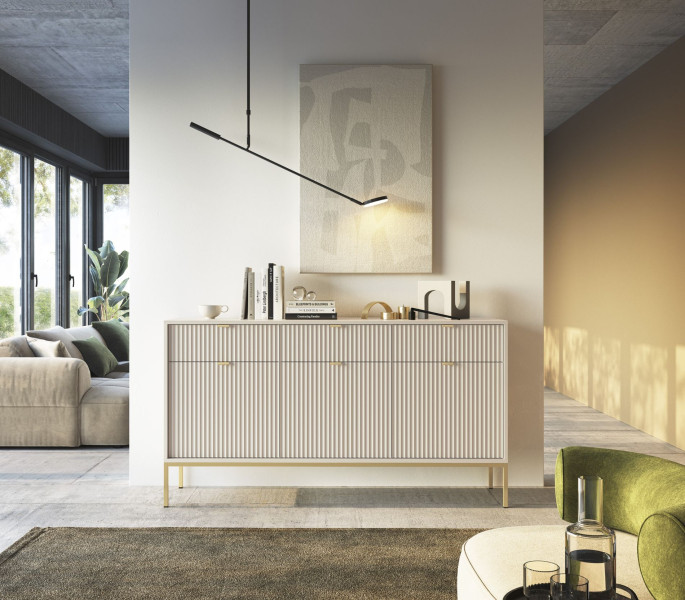 Komoda trzydrzwiowa Vellore 154 cm kaszmir ryflowany front złoty stelaż, 8176242