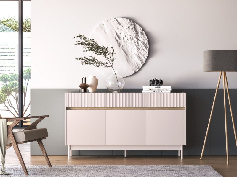 Komoda trzydrzwiowa Dunea z trzema szufladami 154 cm kaszmir/dąb, 8176542