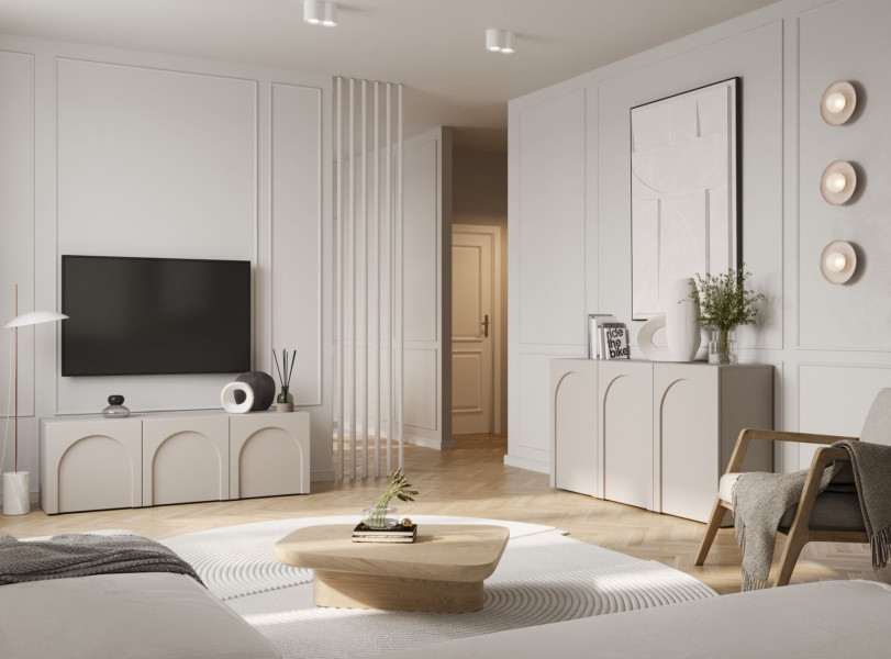 Komoda trzydrzwiowa Arkadia z frezowanymi frontami 150 cm kaszmir, 8177389