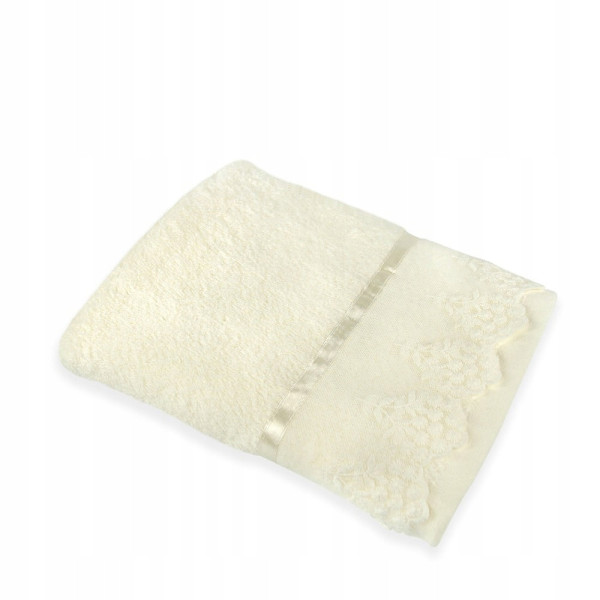 Ręcznik Bawełniany 30x50cm z koronką i tasiemką kremowy, 825359