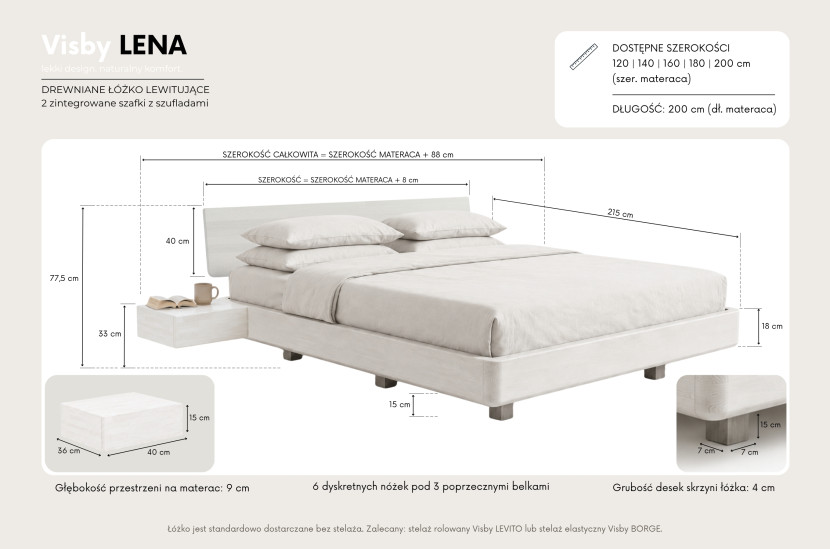 Łóżko lewitujące bukowe LENA z szafkami 140x200 naturalny, 8255229