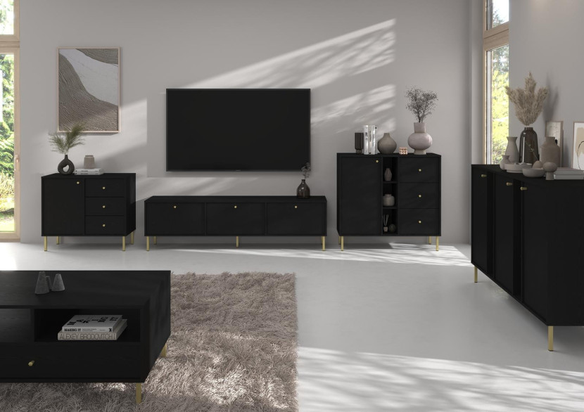Elegancka czarna mała komoda ze złotymi uchwytami NOBIS, 8282595