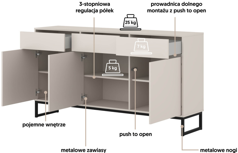 Kaszmirowa komoda z szufladami do salonu na nóżkach 157 cm LENTO, 8359947