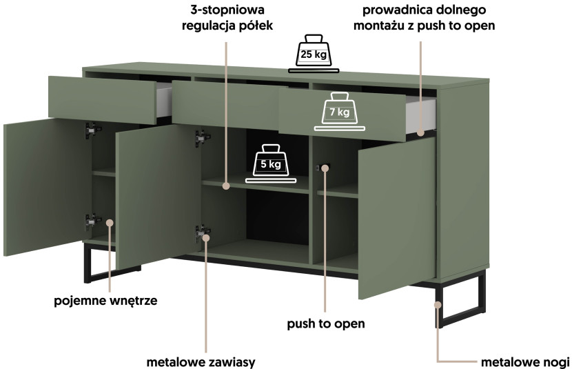 Komoda z szufladami i drzwiami zgaszona zieleń do salonu 157 cm LENTO, 8360128