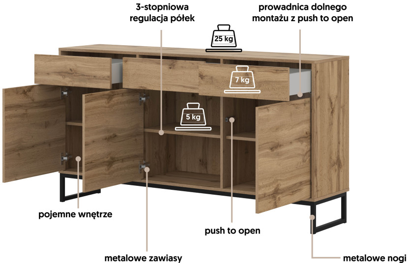 Komoda na nóżkach z szufladami dąb wotan do salonu 157 cm LENTO, 8360148
