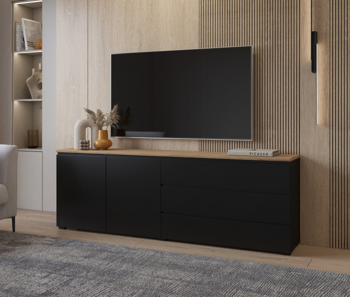 Czarna dwudrzwiowa komoda 200 cm do salonu MODO z szufladami, 8410912