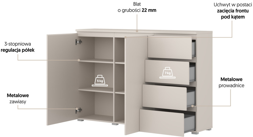 Kaszmirowa komoda 150 cm do salonu z szufladami dwudrzwiowa MODO, 8410918