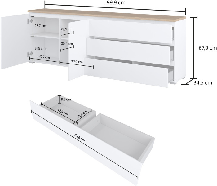 Biała dwudrzwiowa komoda 200 cm do salonu MODO z szufladami, 8410975
