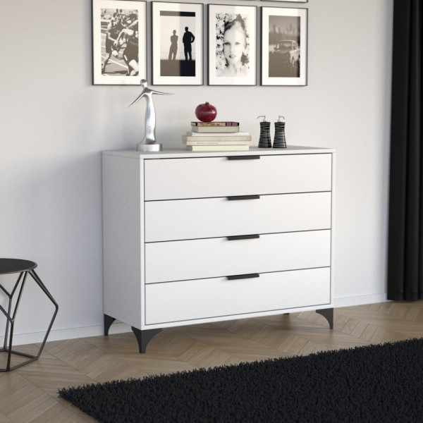 Komoda HOME 100 cm z 4 szufladami z uchwytami | Biała + metalowe nóżki, 8421889