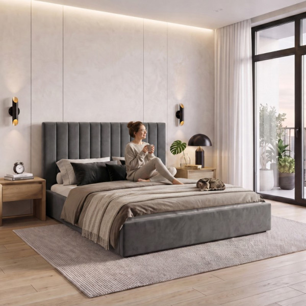 Łóżko tapicerowane MELVIO 180x200 z pojemnikiem | Szary, 8425654