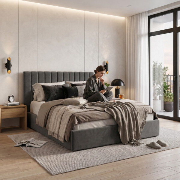Łóżko MELVIO 180x200 z pojemnikiem i materacem sprężynowym | Szary, 8429202