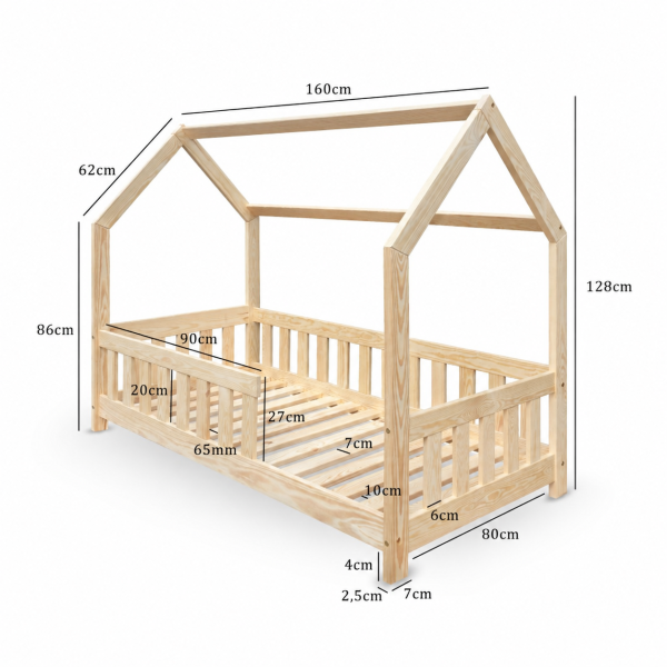 Dubi – drewniane łóżko domek dla dzieci 80 x 160 cm naturalne ze stelażem, 8464055