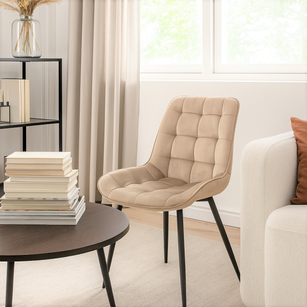Krzesło Welurowe Pikowane Loft Jadalnia Salon Beż  M17, 8536980