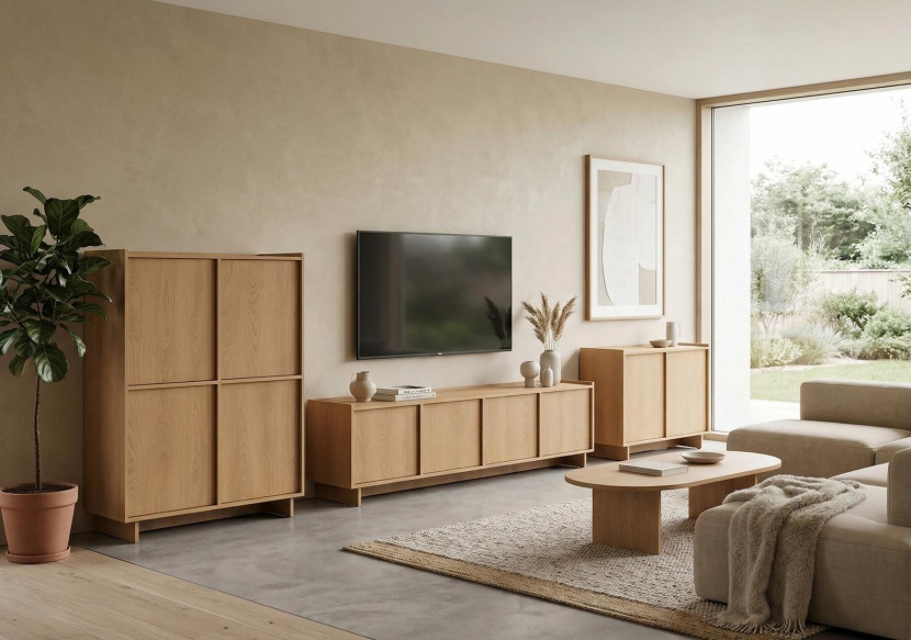 Komoda dwudrzwiowa SUNA 98 cm Dąb Karmel w Stylu Japandi, 8807412
