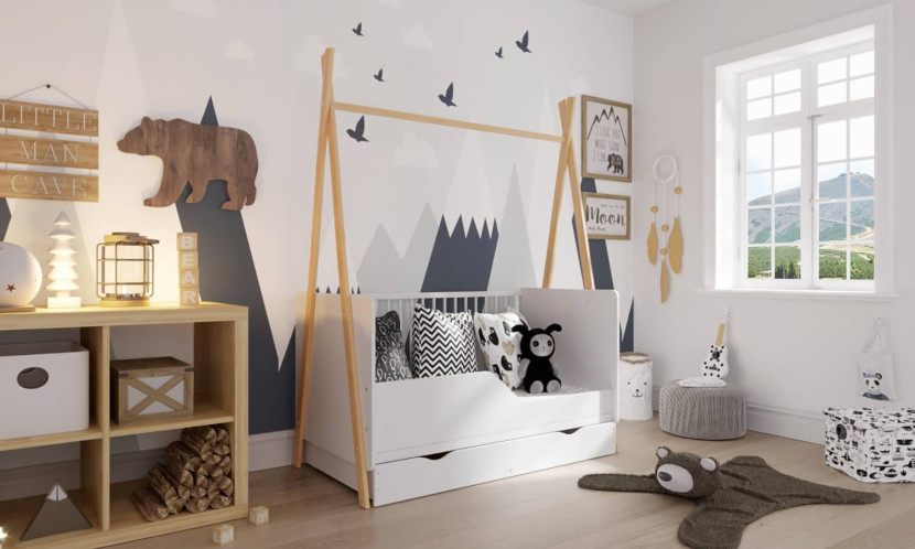 Łóżeczko niemowlęce tapczanik Tipi 140x70 sosna-białe z szufladą i barierką, 8885145