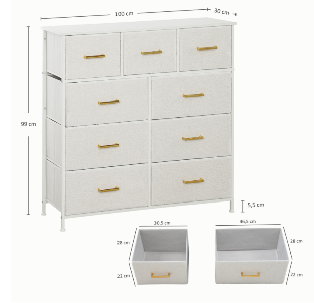 Komoda Artdesign 100x30x99cm z tkaniny Sherpa 9 szuflad, 8887679