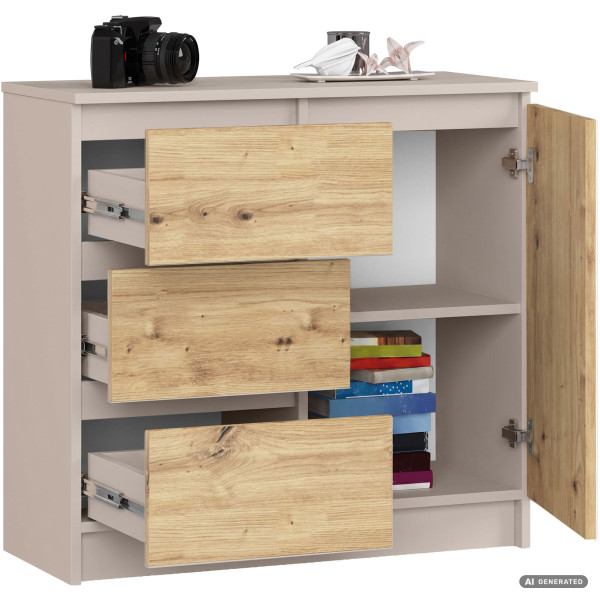 Komoda JERRY Kaszmir 80 cm 1 drzwi 3 szuflady kolor Dąb Artisan mat 2 półki, 9052827