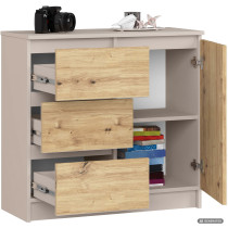 Komoda JERRY Kaszmir 80 cm 1 drzwi 3 szuflady kolor Dąb Artisan mat 2 półki