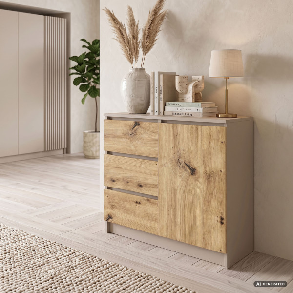 Komoda JERRY Kaszmir 80 cm 1 drzwi 3 szuflady kolor Dąb Artisan mat 2 półki, 9052831